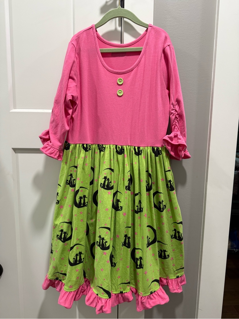 Eleanor Rose Pink Bodice with Lime Cat-Print Twirl Dress